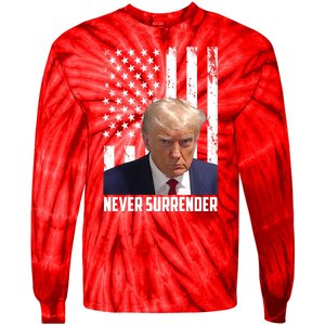 Never Surrender Donald Trump American Flag Mugshot Tie-Dye Long Sleeve Shirt