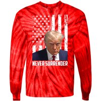 Never Surrender Donald Trump American Flag Mugshot Tie-Dye Long Sleeve Shirt