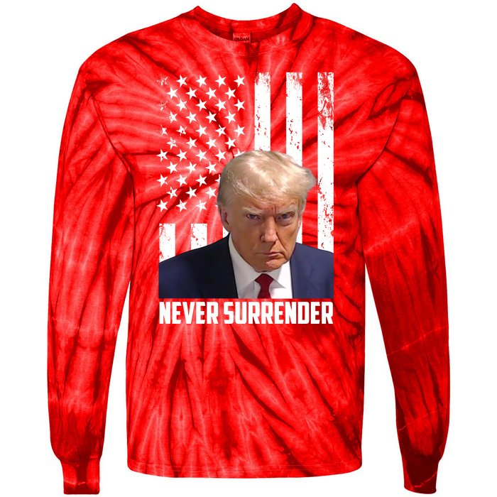 Never Surrender Donald Trump American Flag Mugshot Tie-Dye Long Sleeve Shirt