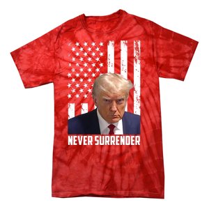 Never Surrender Donald Trump American Flag Mugshot Tie-Dye T-Shirt