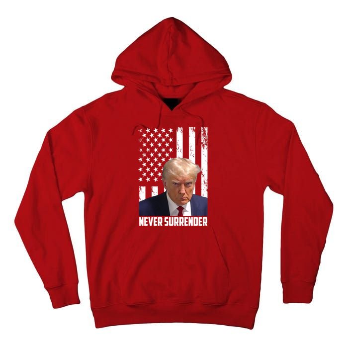 Never Surrender Donald Trump American Flag Mugshot Tall Hoodie