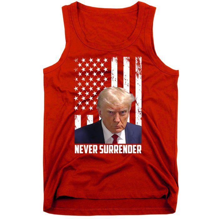 Never Surrender Donald Trump American Flag Mugshot Tank Top