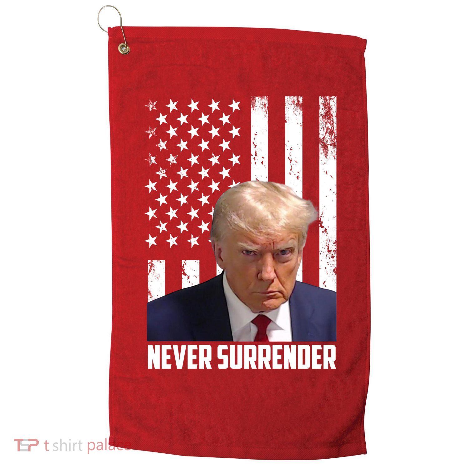 Never Surrender Donald Trump American Flag Mugshot Golf Towel