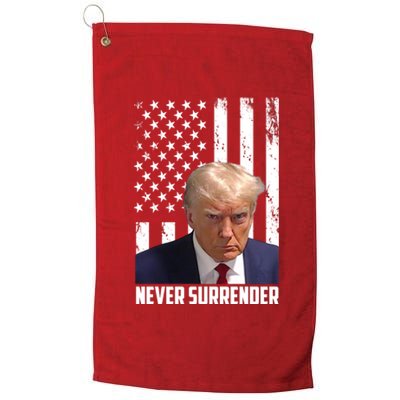 Never Surrender Donald Trump American Flag Mugshot Platinum Collection Golf Towel