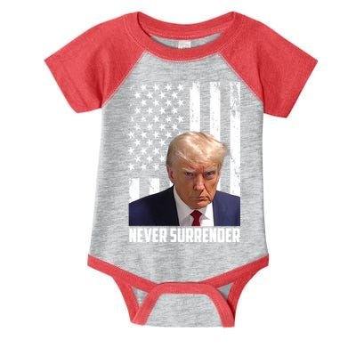 Never Surrender Donald Trump American Flag Mugshot Infant Baby Jersey Bodysuit