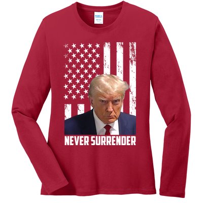 Never Surrender Donald Trump American Flag Mugshot Ladies Long Sleeve Shirt