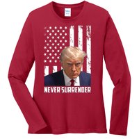 Never Surrender Donald Trump American Flag Mugshot Ladies Long Sleeve Shirt