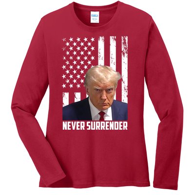 Never Surrender Donald Trump American Flag Mugshot Ladies Long Sleeve Shirt