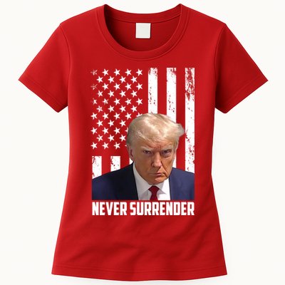 Never Surrender Donald Trump American Flag Mugshot Womens T-Shirt