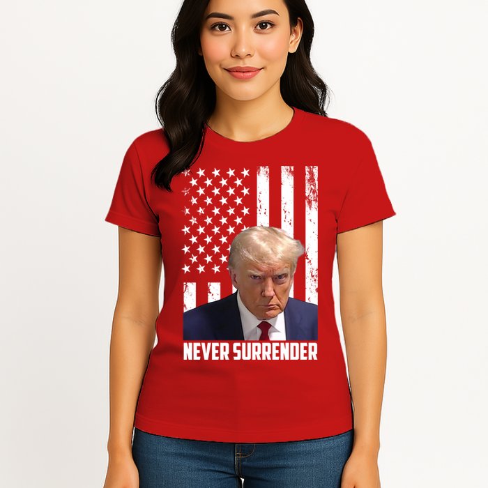 Never Surrender Donald Trump American Flag Mugshot Womens T-Shirt