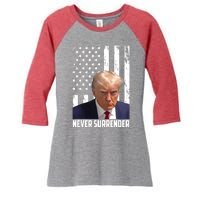 Never Surrender Donald Trump American Flag Mugshot Women's Tri-Blend 3/4-Sleeve Raglan Shirt