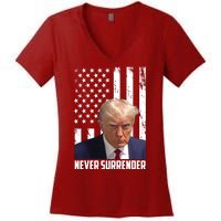 Never Surrender Donald Trump American Flag Mugshot Women's V-Neck T-Shirt