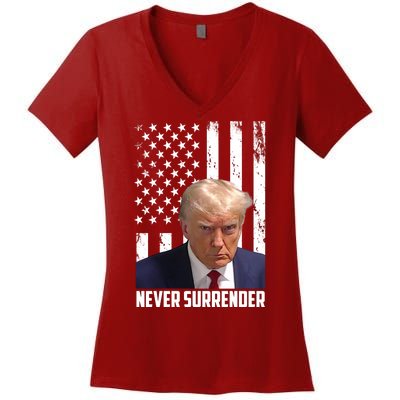 Never Surrender Donald Trump American Flag Mugshot Women's V-Neck T-Shirt