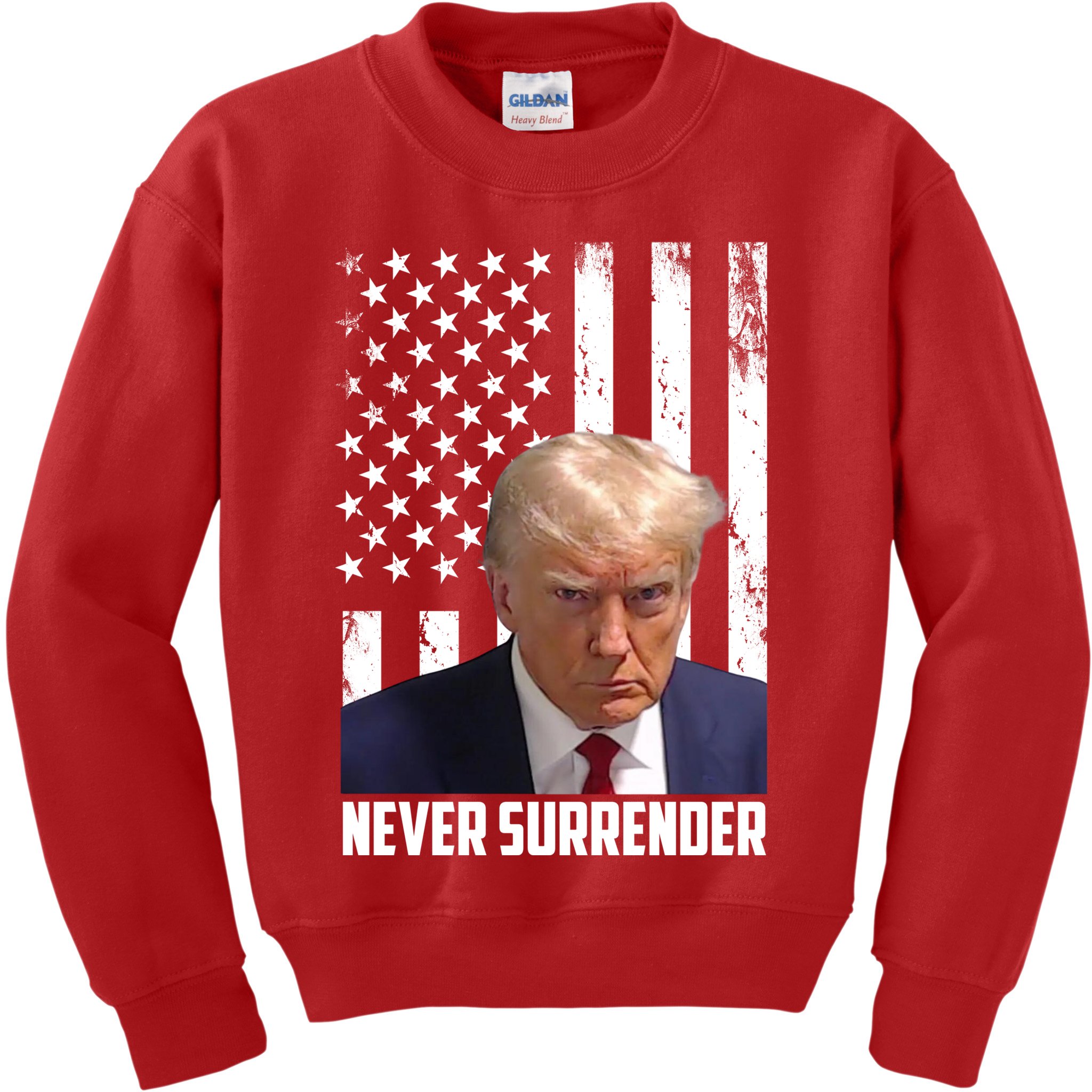 Never Surrender Donald Trump American Flag Mugshot Kids Sweatshirt