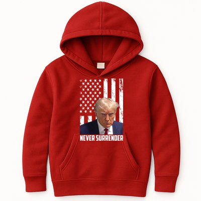 Never Surrender Donald Trump American Flag Mugshot Kids Hoodie