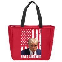 Never Surrender Donald Trump American Flag Mugshot Zip Tote Bag