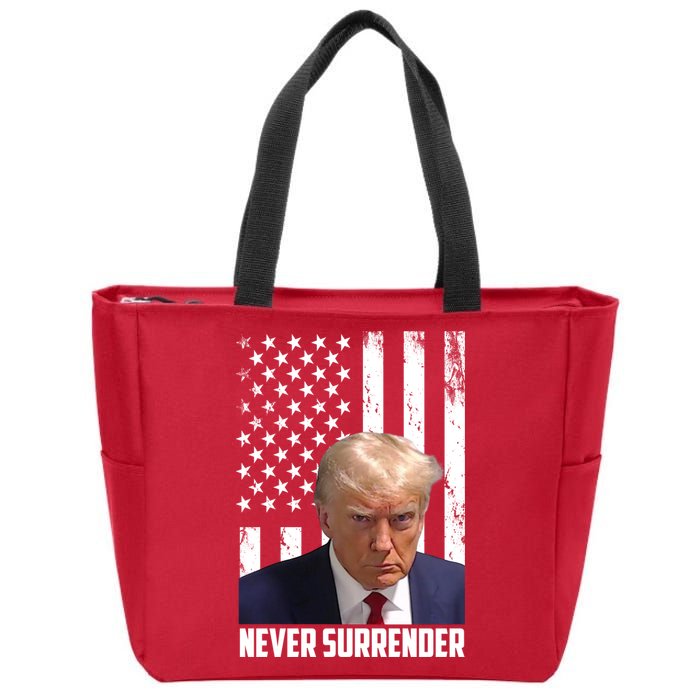 Never Surrender Donald Trump American Flag Mugshot Zip Tote Bag