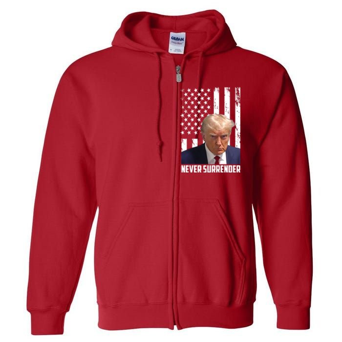 Never Surrender Donald Trump American Flag Mugshot Full Zip Hoodie