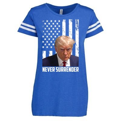 Never Surrender Donald Trump American Flag Mugshot Enza Ladies Jersey Football T-Shirt