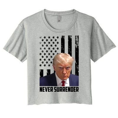 Never Surrender Donald Trump American Flag Mugshot Women's Crop Top Tee