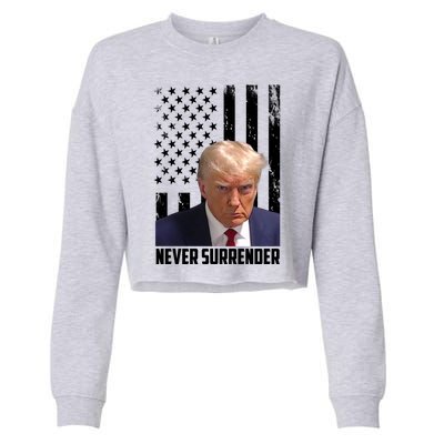 Never Surrender Donald Trump American Flag Mugshot Cropped Pullover Crew