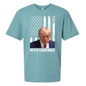 Never Surrender Donald Trump American Flag Mugshot Sueded Cloud Jersey T-Shirt