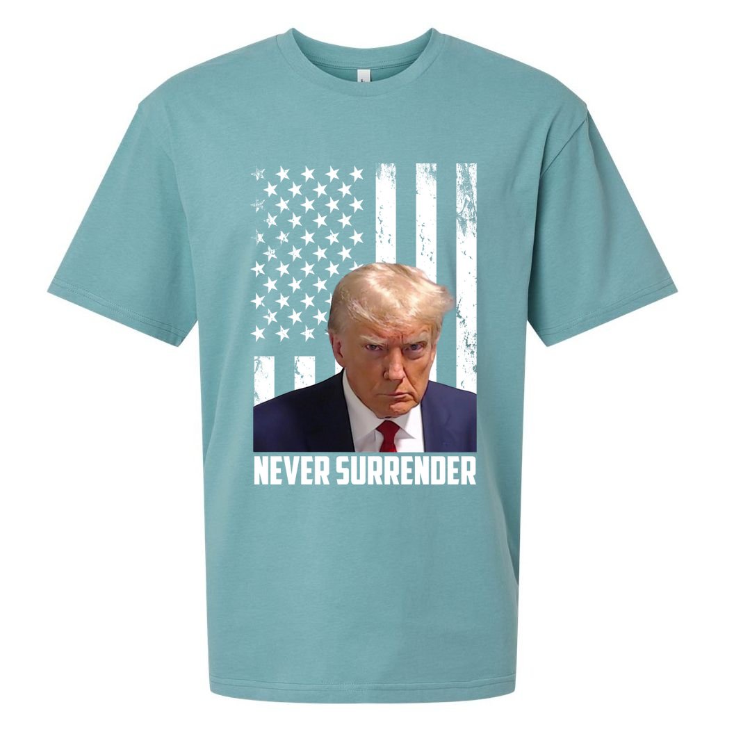 Never Surrender Donald Trump American Flag Mugshot Sueded Cloud Jersey T-Shirt