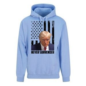 Never Surrender Donald Trump American Flag Mugshot Unisex Surf Hoodie