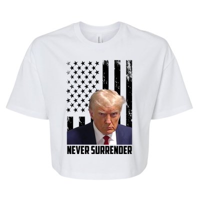 Never Surrender Donald Trump American Flag Mugshot Bella+Canvas Jersey Crop Tee