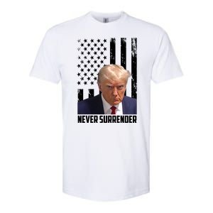 Never Surrender Donald Trump American Flag Mugshot Softstyle CVC T-Shirt