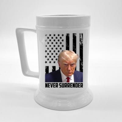 Never Surrender Donald Trump American Flag Mugshot Beer Stein