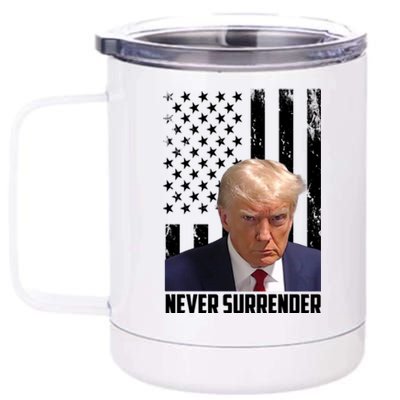 Never Surrender Donald Trump American Flag Mugshot 12 oz Stainless Steel Tumbler Cup