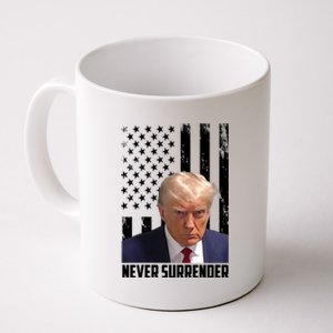 Never Surrender Donald Trump American Flag Mugshot Coffee Mug