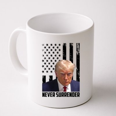 Never Surrender Donald Trump American Flag Mugshot Coffee Mug