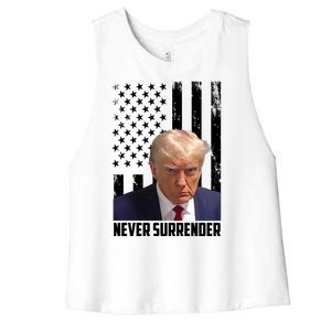 Never Surrender Donald Trump American Flag Mugshot Women's Racerback Cropped Tank