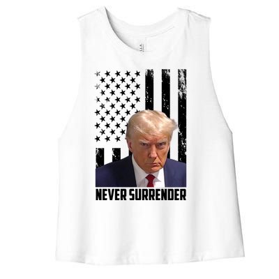 Never Surrender Donald Trump American Flag Mugshot Women's Racerback Cropped Tank