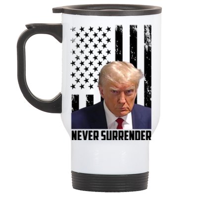 Never Surrender Donald Trump American Flag Mugshot Stainless Steel Travel Mug