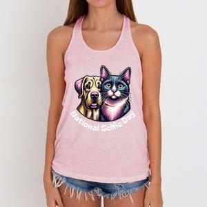 National Selfie Day Cat And Dog Ready For Selfie Together Gift Women's Knotted Racerback Tank