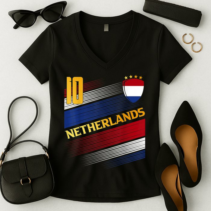 Netherlands Soccer Dutch Flag Football Retro 10 Jersey Women's V-Neck T-Shirt
