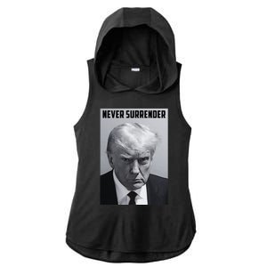 Never Surrender Donald Trump Mugshot Ladies PosiCharge Tri-Blend Wicking Draft Hoodie Tank