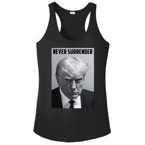 Never Surrender Donald Trump Mugshot Ladies PosiCharge Competitor Racerback Tank