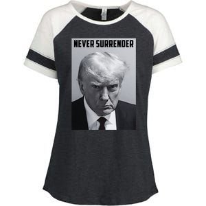 Never Surrender Donald Trump Mugshot Enza Ladies Jersey Colorblock Tee