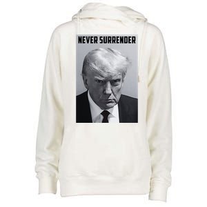 Never Surrender Donald Trump Mugshot Womens Funnel Neck Pullover Hood