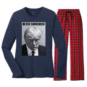 Never Surrender Donald Trump Mugshot Women's Long Sleeve Flannel Pajama Set 