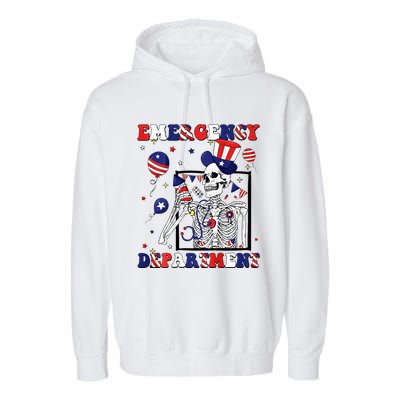 Nurse Skeleton Emergency Department 4th Of July Garment-Dyed Fleece Hoodie