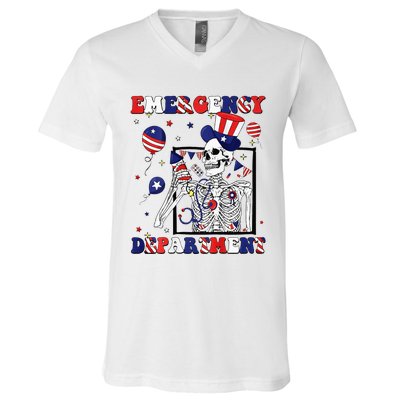 Nurse Skeleton Emergency Department 4th Of July V-Neck T-Shirt