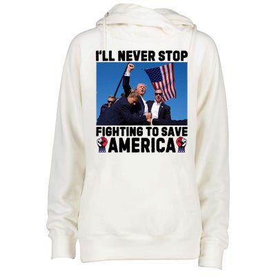 Never Stop Fighting Save America Trump Fight 2024 Shot Assassination Attem Womens Funnel Neck Pullover Hood