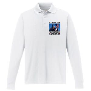 Never Stop Fighting Save America Trump Fight 2024 Shot Assassination Attem Performance Long Sleeve Polo