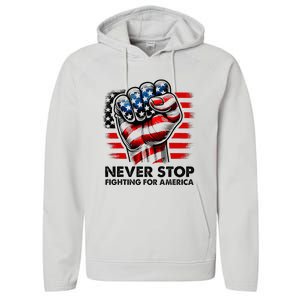 Never Stop Fighting For America Trump Stronger Performance Fleece Hoodie