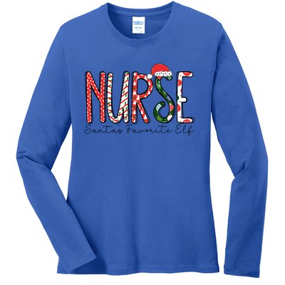 Nurse SantaS Favorite Elf Nurses Xmas Pajamas Pjs Cool Gift Ladies Long Sleeve Shirt